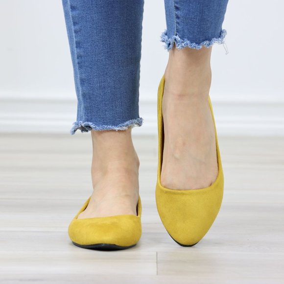 Mustard Yellow Faux Suede Wide Pointy Toe Slip On Flat Shoes - Picture 9 of 12